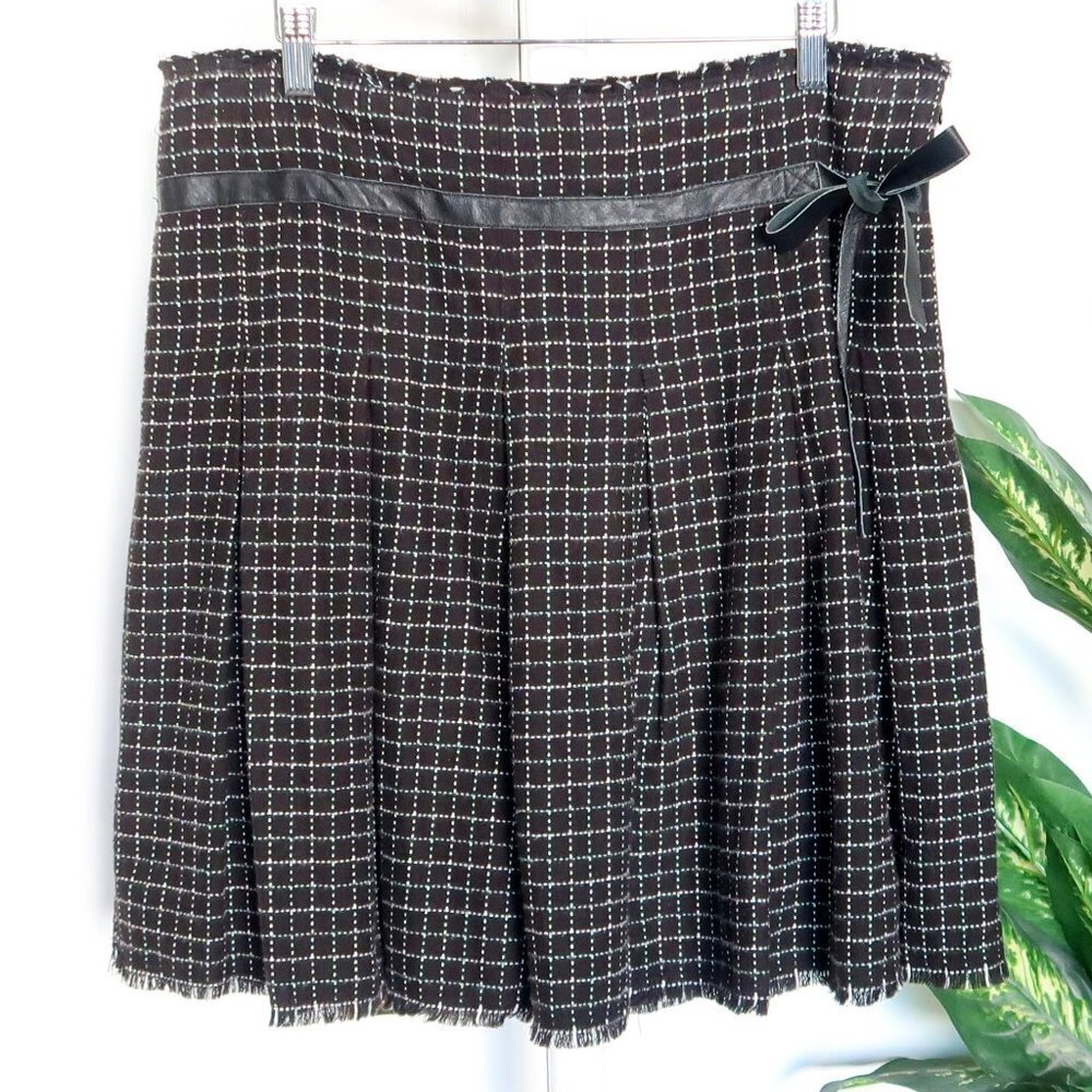 Free People Vintage Y2K Pleated Plaid Raw Hem Skirt with Leather Bow Black White